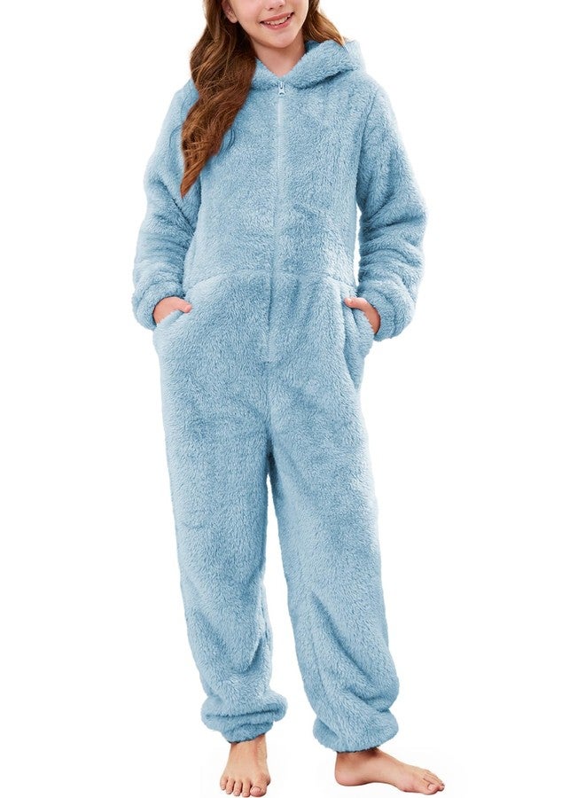 flygo بدلة صوفية للبنات من فلايغو، بدلة بغطاء رأس ناعمة، بدلة أطفال بسحاب، ملابس شتوية دافئة، مقاسات من 5 إلى 14 سنة (أزرق - متوسط) - Image 1